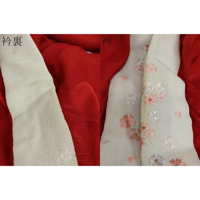 平和屋着物●振袖用長襦袢　無双仕立て　雲霞貝桶地紋　深緋色　半衿刺繍　正絹　逸品　DABB0433ud 平和屋着物○振袖用長襦袢 無双仕立て 雲霞貝桶地紋 深緋色 半衿刺繍
