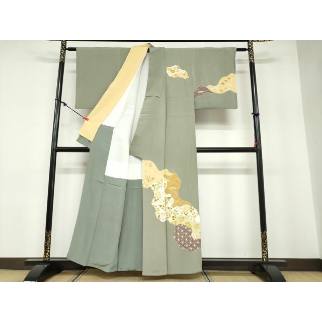 【極美品 大きいサイズ】伝統的な着物 緑とグレーと金糸のグラデーション 平和屋着物○極上 銀座 志ま亀 訪問着 金彩 正絹 逸品 DABB0585ud