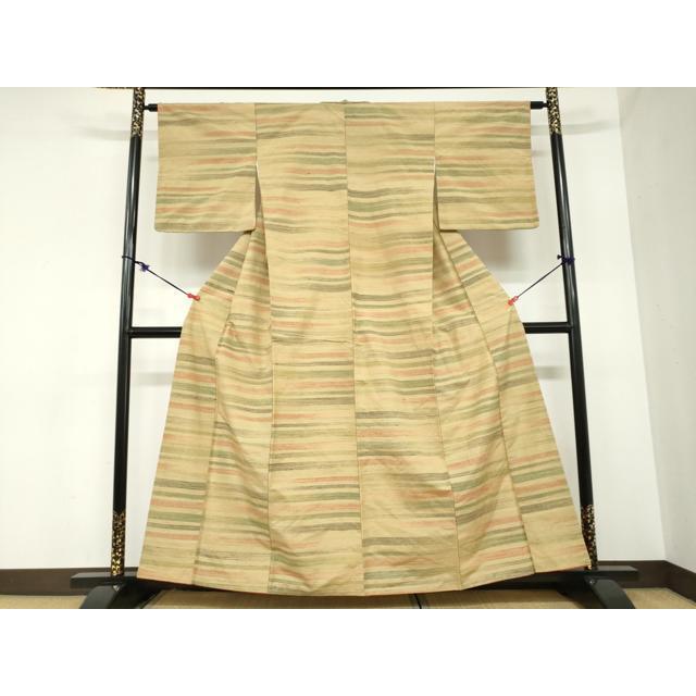 平和屋着物●群上紬　草木染　横段文　正絹　逸品　DABB0931ud