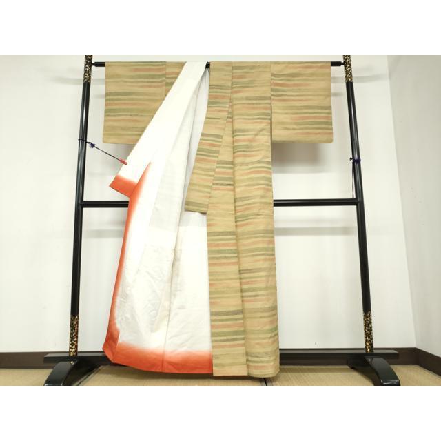 平和屋着物●群上紬　草木染　横段文　正絹　逸品　DABB0931ud