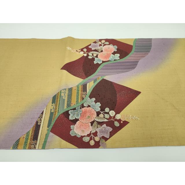 平和屋着物○中国三大刺繍 相良刺繍 太鼓柄袋帯 紬地 切嵌 秋草文 金糸 