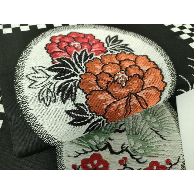 平和屋着物●アンティーク　大正ロマン　九寸名古屋帯　唐織　唐獅子に牡丹　黒地　金銀糸　正絹　逸品　DABB4660ps