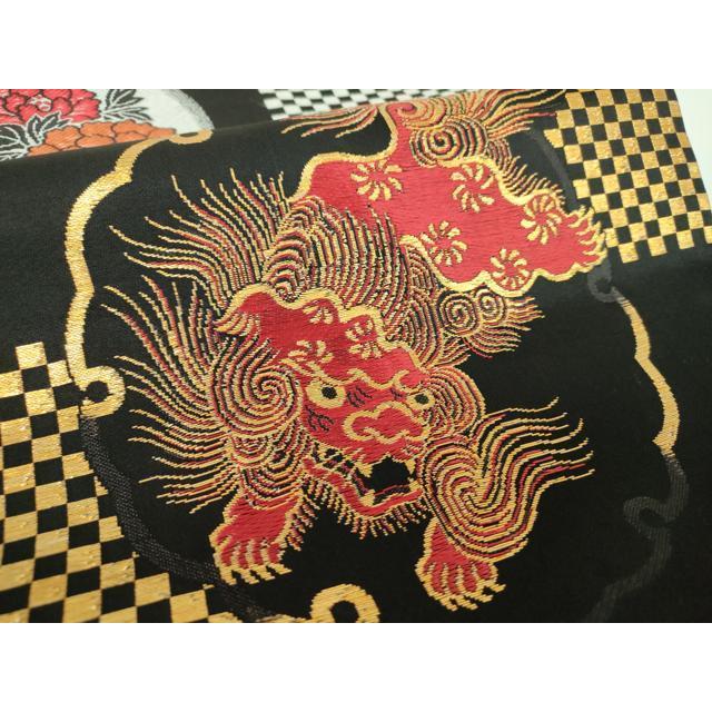 平和屋着物●アンティーク　大正ロマン　九寸名古屋帯　唐織　唐獅子に牡丹　黒地　金銀糸　正絹　逸品　DABB4660ps