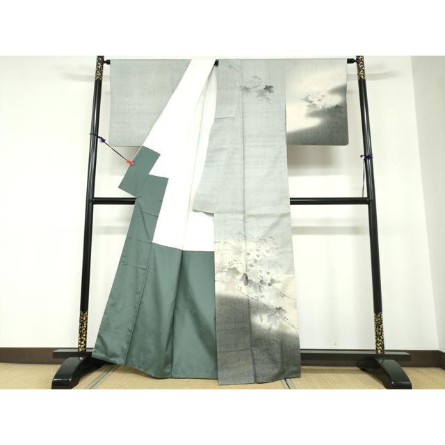 平和屋着物●訪問着　作家物　生紬　手描き　草花文　金彩　正絹　逸品　DABC2205ud