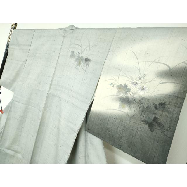 平和屋着物●訪問着　作家物　生紬　手描き　草花文　金彩　正絹　逸品　DABC2205ud