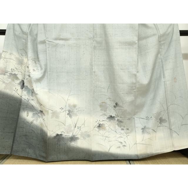 平和屋着物●訪問着　作家物　生紬　手描き　草花文　金彩　正絹　逸品　DABC2205ud
