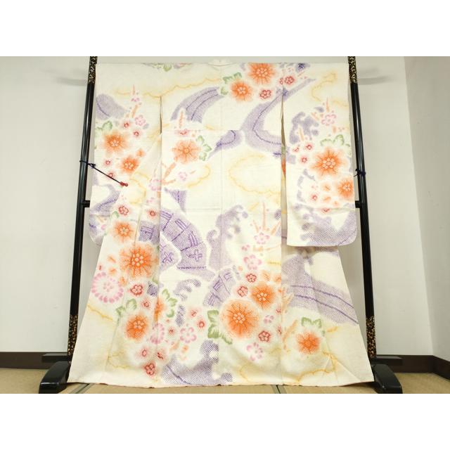 平和屋着物●名門　藤娘きぬたや・総絞り(杢目絞り)　振袖　扇面草花文　正絹　逸品　DABC2286ud 平和屋着物○名門 藤娘きぬたや・総絞り(杢目絞り) 振袖 扇面草花文