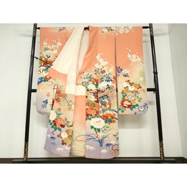 平和屋本店●アンティーク　大正ロマン　振袖　刺繍　御所車草花文　暈し染め　金糸　逸品　DABC2403ud_1
