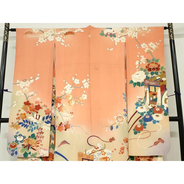 平和屋本店●アンティーク　大正ロマン　振袖　刺繍　御所車草花文　暈し染め　金糸　逸品　DABC2403ud_2