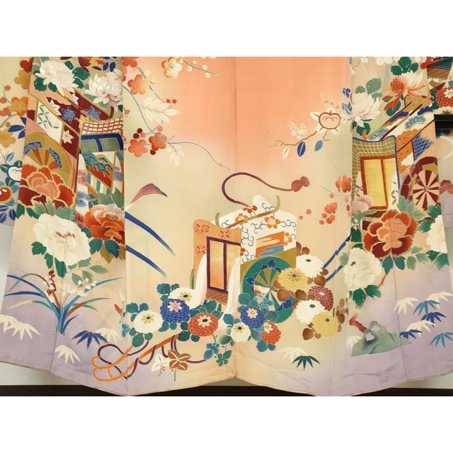 平和屋本店●アンティーク　大正ロマン　振袖　刺繍　御所車草花文　暈し染め　金糸　逸品　DABC2403ud_3