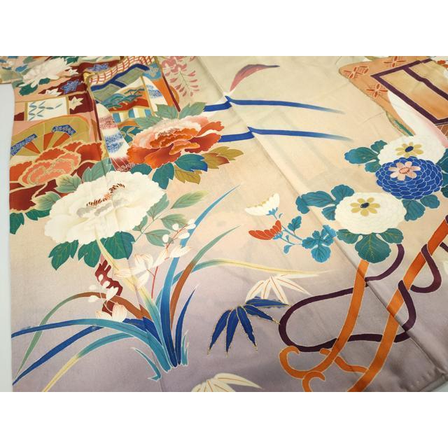 平和屋本店●アンティーク　大正ロマン　振袖　刺繍　御所車草花文　暈し染め　金糸　逸品　DABC2403ud_4