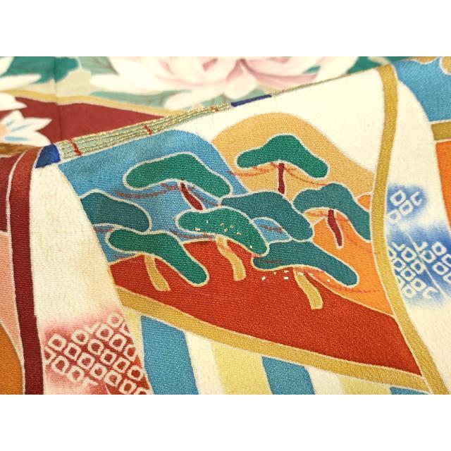 平和屋本店●アンティーク　大正ロマン　振袖　刺繍　御所車草花文　暈し染め　金糸　逸品　DABC2403ud_7