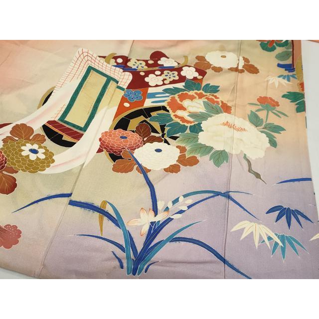 平和屋本店●アンティーク　大正ロマン　振袖　刺繍　御所車草花文　暈し染め　金糸　逸品　DABC2403ud_9