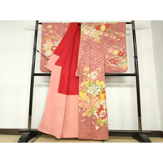 平和屋本店●アンティーク　大正ロマン　小振袖　二尺袖　駒刺繍　草花文　金彩　正絹　逸品　DABC2675ud