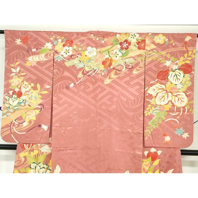 平和屋本店●アンティーク　大正ロマン　小振袖　二尺袖　駒刺繍　草花文　金彩　正絹　逸品　DABC2675ud