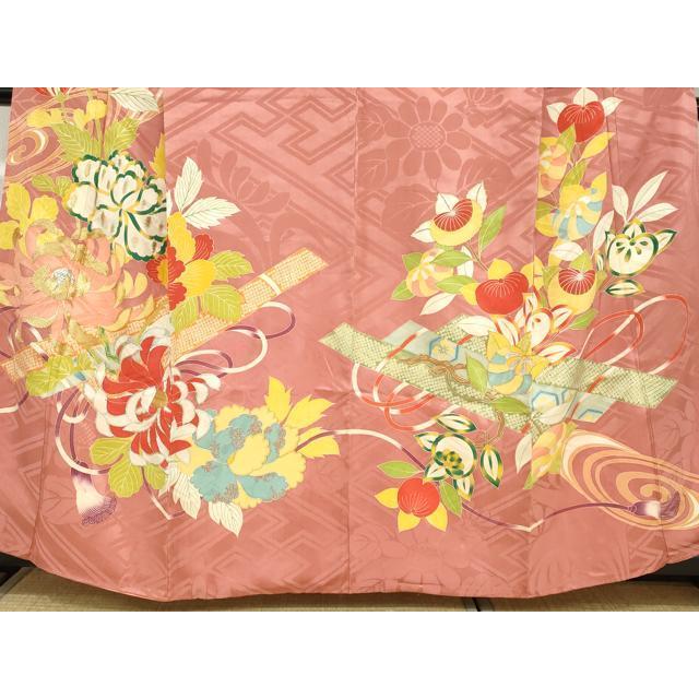 平和屋本店●アンティーク　大正ロマン　小振袖　二尺袖　駒刺繍　草花文　金彩　正絹　逸品　DABC2675ud