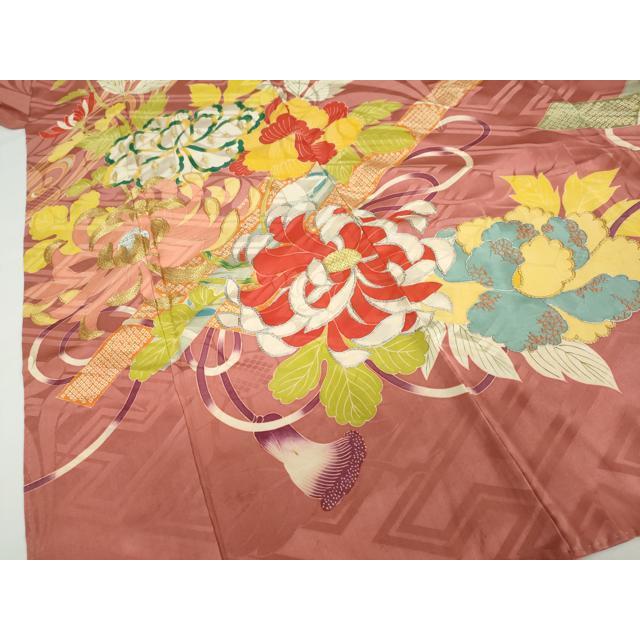 平和屋本店●アンティーク　大正ロマン　小振袖　二尺袖　駒刺繍　草花文　金彩　正絹　逸品　DABC2675ud