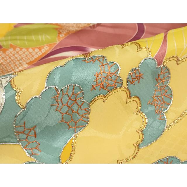 平和屋本店●アンティーク　大正ロマン　小振袖　二尺袖　駒刺繍　草花文　金彩　正絹　逸品　DABC2675ud