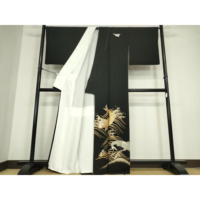 平和屋着物▽豪華黒留袖　単衣　刺繍　風景吉祥花文　金糸　金彩　正絹　逸品　AABG0271jh 平和屋着物○伝統金彩工芸師 鼓和峰 黒留袖 鯉 金彩 正絹 逸品 未使用