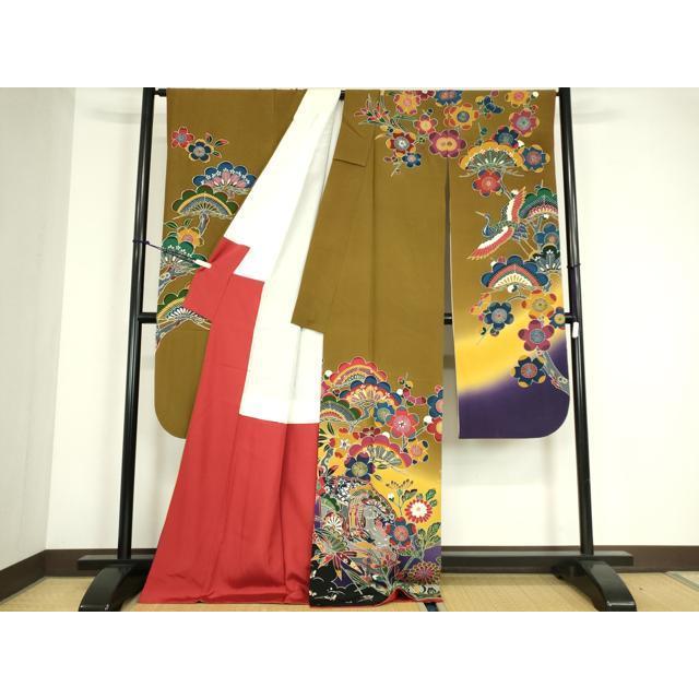 平和屋着物●豪華振袖　型染め　松竹梅　飛鶴吉祥花蝶文　暈し染め　正絹　逸品　DABC3591az