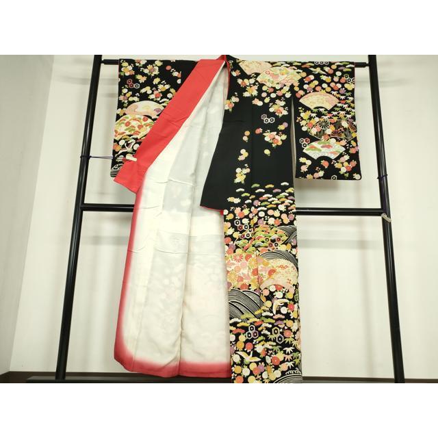平和屋着物●訪問着　駒刺繍　地紙飛鶴花文　鬼しぼ縮緬　黒地　金彩　正絹　逸品　DABC3632az