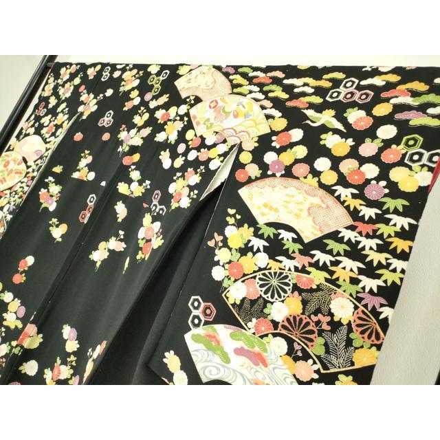 平和屋着物●訪問着　駒刺繍　地紙飛鶴花文　鬼しぼ縮緬　黒地　金彩　正絹　逸品　DABC3632az
