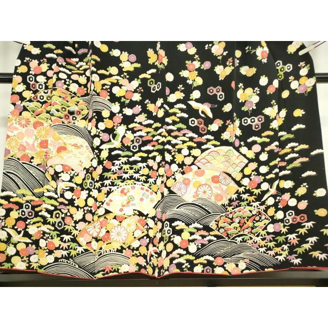 平和屋着物●訪問着　駒刺繍　地紙飛鶴花文　鬼しぼ縮緬　黒地　金彩　正絹　逸品　DABC3632az