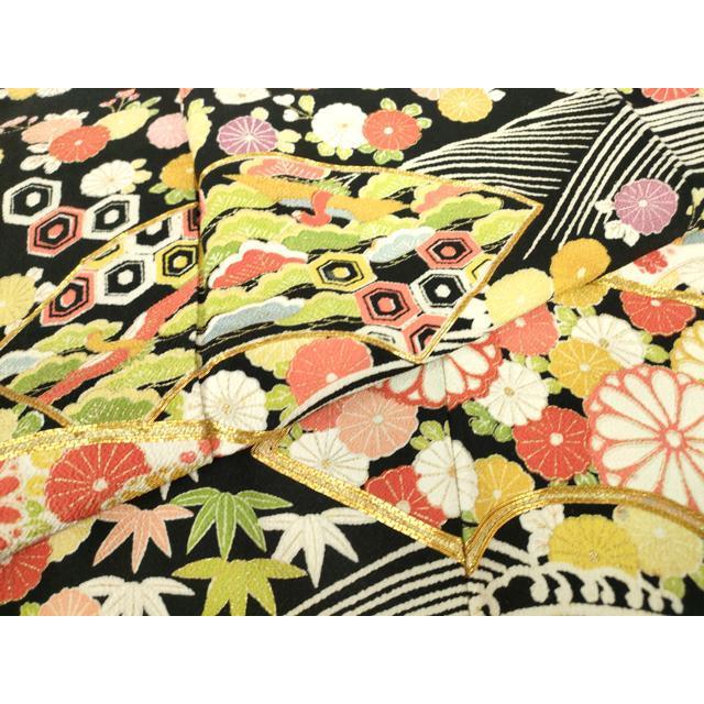 平和屋着物●訪問着　駒刺繍　地紙飛鶴花文　鬼しぼ縮緬　黒地　金彩　正絹　逸品　DABC3632az
