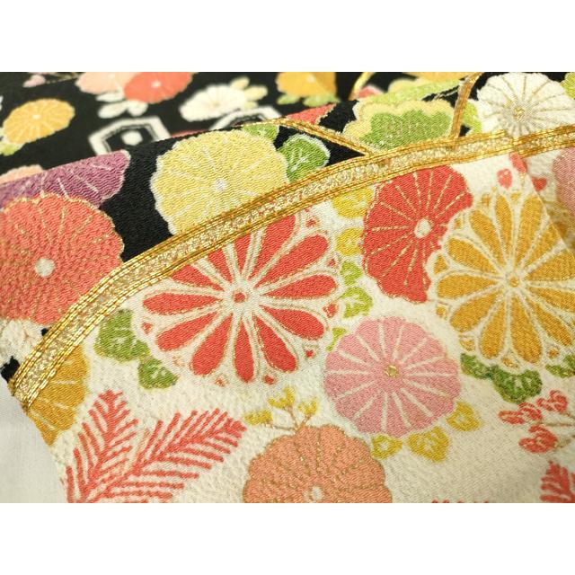 平和屋着物●訪問着　駒刺繍　地紙飛鶴花文　鬼しぼ縮緬　黒地　金彩　正絹　逸品　DABC3632az