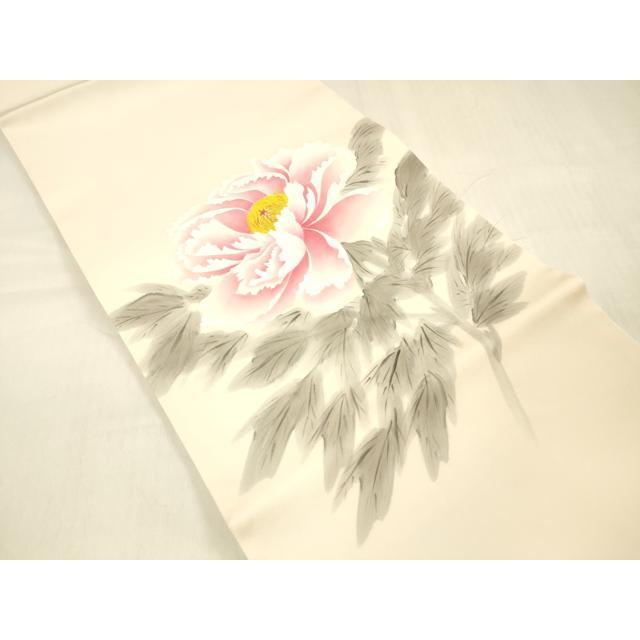 平和屋着物●東京友禅　熊谷好博子　塩瀬　九寸開き名古屋帯　手描き　牡丹　正絹　逸品　DABC8149cm 平和屋着物○東京友禅 熊谷好博子 塩瀬 九寸開き名古屋帯 手描き 牡丹
