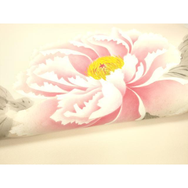 平和屋着物●東京友禅　熊谷好博子　塩瀬　九寸開き名古屋帯　手描き　牡丹　正絹　逸品　DABC8149cm 平和屋着物○東京友禅 熊谷好博子 塩瀬 九寸開き名古屋帯 手描き 牡丹