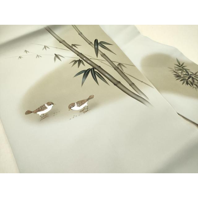 平和屋着物●立体友禅作家　涌波紅彩　塩瀬　九寸名古屋帯　雀　すずめ　笹竹文　正絹　逸品　DABD0044op_1