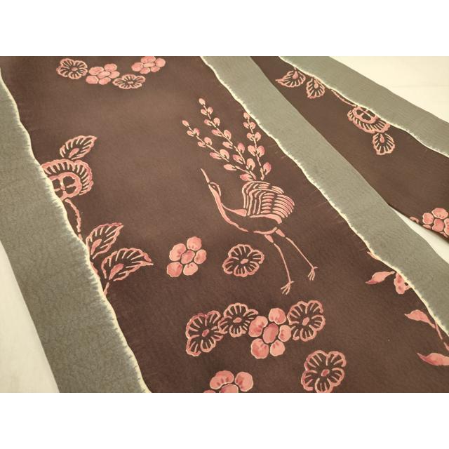 【期間限定出品/特別価格】京都 多ち花 摺型友禅 ちりめん 絹 九寸名古屋帯 平和屋着物○摺型友禅 京都 多ち花 九寸名古屋帯 型染 花鳥文 正絹