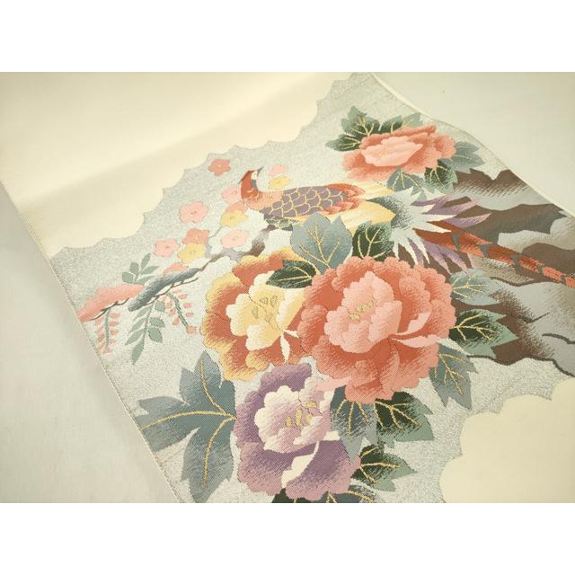 正絹 開き名古屋帯 鳥 芍薬 花文様 アイボリー 九寸名古屋帯 平和屋着物○爪掻き本綴れ 八寸名古屋帯 尾長鳥花文 金銀糸 正絹 逸品