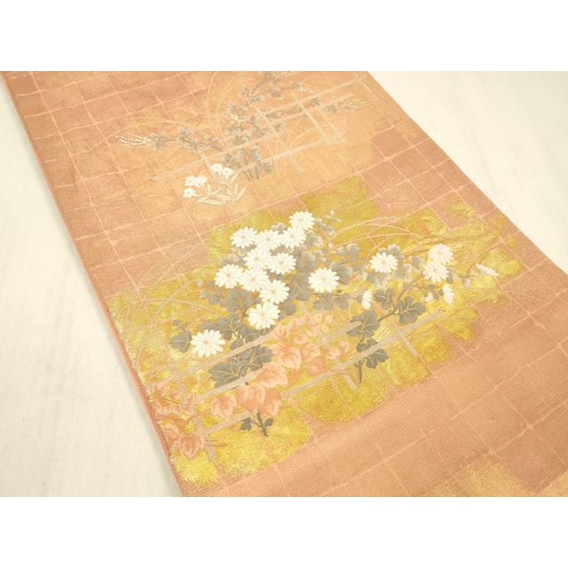 平和屋着物＊夏物　六通柄袋帯　格子草花文　金銀糸　正絹　逸品　DABD6528cm_1