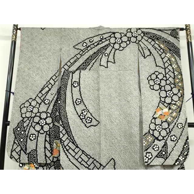 平和屋着物●豪華振袖　駒刺繍　絞り　御所車草花文　金彩　正絹　逸品　AABG5796ph 平和屋着物○豪華振袖 総絞り 駒刺繍 草花丸文 黒地 金彩 正絹 逸品