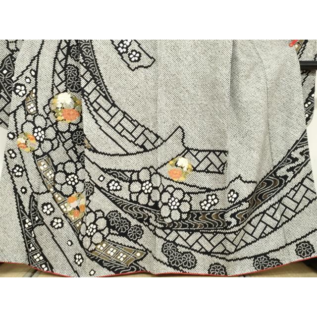平和屋着物●豪華振袖　駒刺繍　絞り　束ね熨斗花唐草文　金糸　正絹　逸品　AABG7879cs 平和屋着物○豪華振袖 総絞り 駒刺繍 草花丸文 黒地 金彩 正絹 逸品