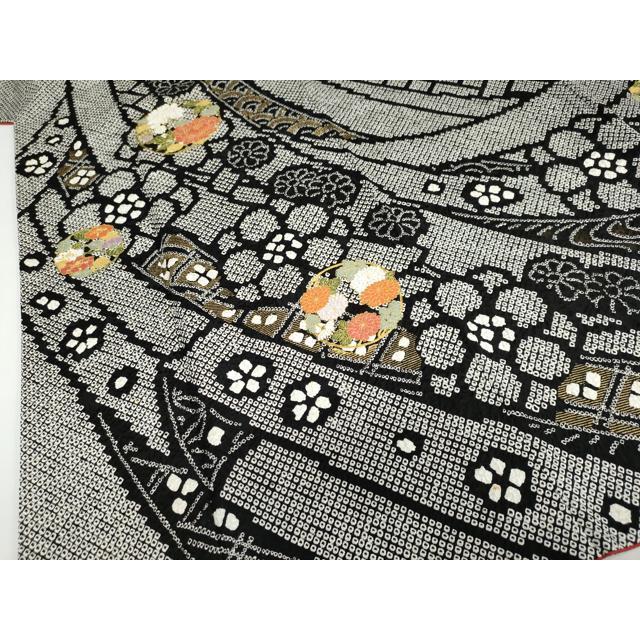 平和屋着物○豪華振袖 総絞り 駒刺繍 草花丸文 黒地 金彩 正絹 逸品