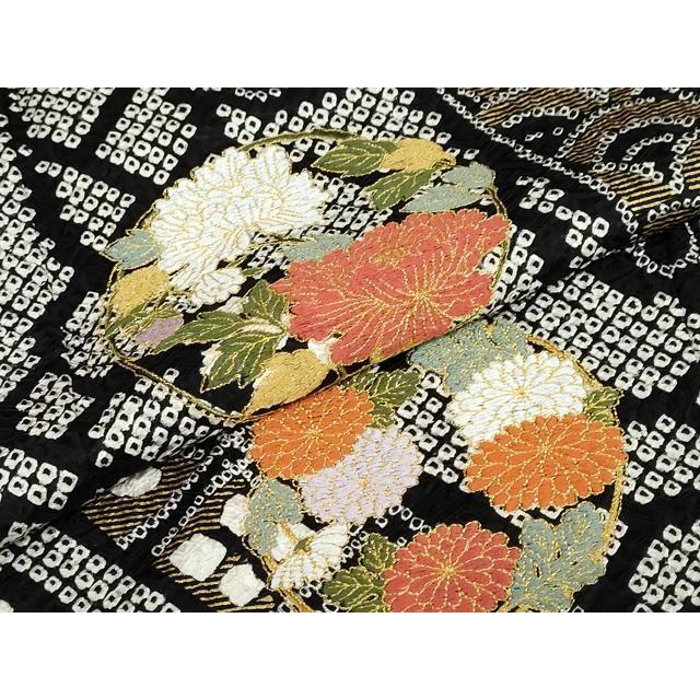 平和屋着物●豪華振袖　駒刺繍　絞り　御所車草花文　金彩　正絹　逸品　AABG5796ph 平和屋着物○豪華振袖 総絞り 駒刺繍 草花丸文 黒地 金彩 正絹 逸品