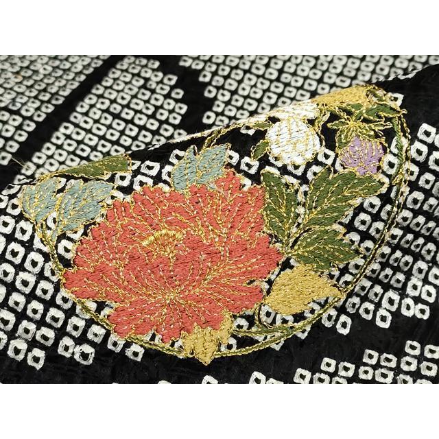 平和屋着物●豪華振袖　総絞り　草花文　正絹　逸品　DABC2679ud 平和屋着物○豪華振袖 総絞り 駒刺繍 草花丸文 黒地 金彩 正絹 逸品