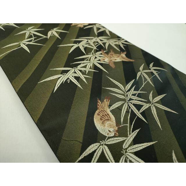 平和屋着物●六通柄袋帯　唐織　笹竹に雀　黒地　正絹　逸品　DABE5057ps