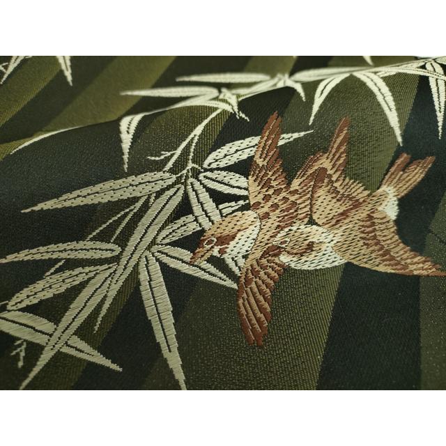 平和屋着物●六通柄袋帯　唐織　笹竹に雀　黒地　正絹　逸品　DABE5057ps