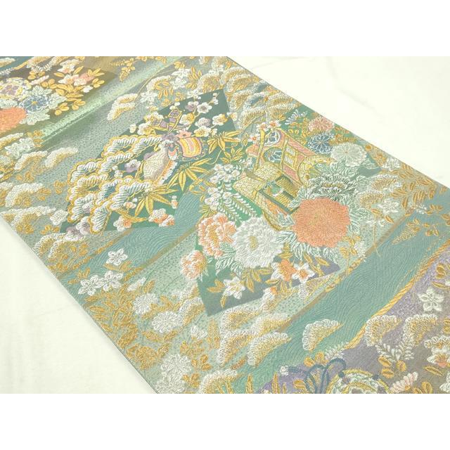 平和屋本店▼六通柄袋帯　地紙御所車花文　慶祥錦　九百本金箔　正絹　逸品　DABE9159sf