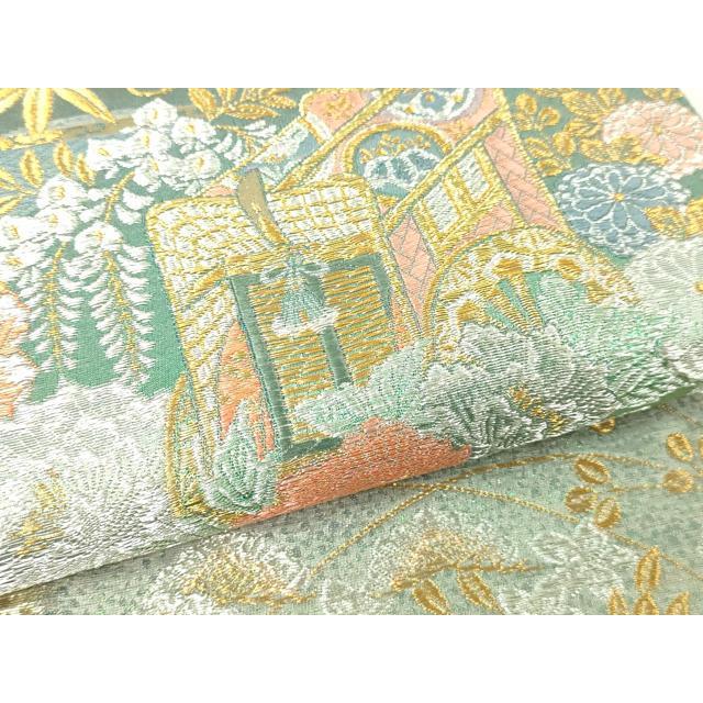 平和屋本店▼六通柄袋帯　地紙御所車花文　慶祥錦　九百本金箔　正絹　逸品　DABE9159sf