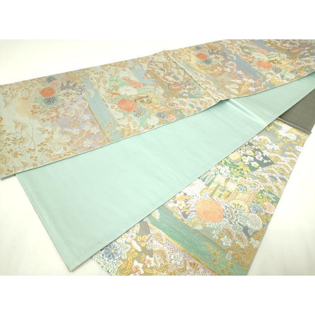 平和屋本店▼六通柄袋帯　地紙御所車花文　慶祥錦　九百本金箔　正絹　逸品　DABE9159sf