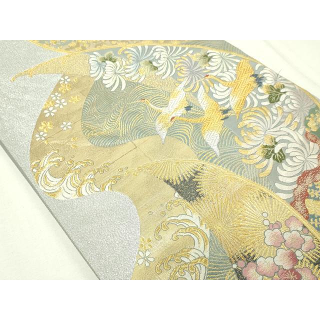平和屋本店▽六通柄袋帯 唐織 菱菊宝鶴文 本金箔 正絹 逸品 DABE9356sf