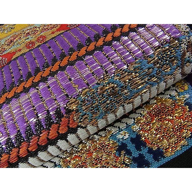 平和屋本店□極上 龍村平蔵製 本袋帯 威毛錦 黒地 金銀糸