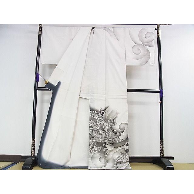 平和屋本店○極上 本場縞大島紬 白大島 訪問着 手刺繍 龍 逸品 未使用