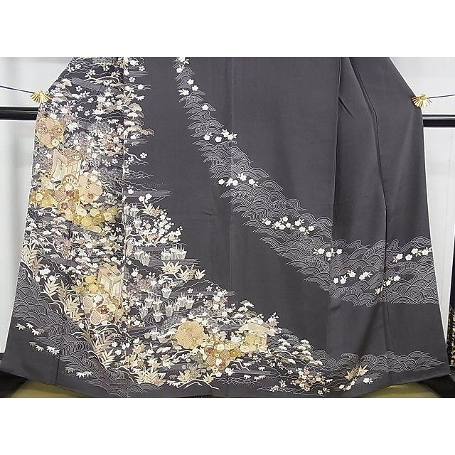 平和屋本店□極上 訪問着 駒刺繍 御所車立波花文 金彩 羊羹色