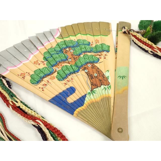 平和屋本店■和装小物　檜扇　十ニ単用　扇子　手描　松竹梅　流水枝松鶴文　平安装束　六色飾り紐　糸花　11橋　箱付　逸品　DZAA11502kh5 平和屋本店□和装小物 檜扇 十ニ単用 扇子 手描き 松竹梅 平安装束 六